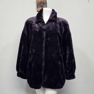 Vintage 90s Gallery Faux Fur Coat Women Small Purple Full Zip Pom Pom Mob Wife